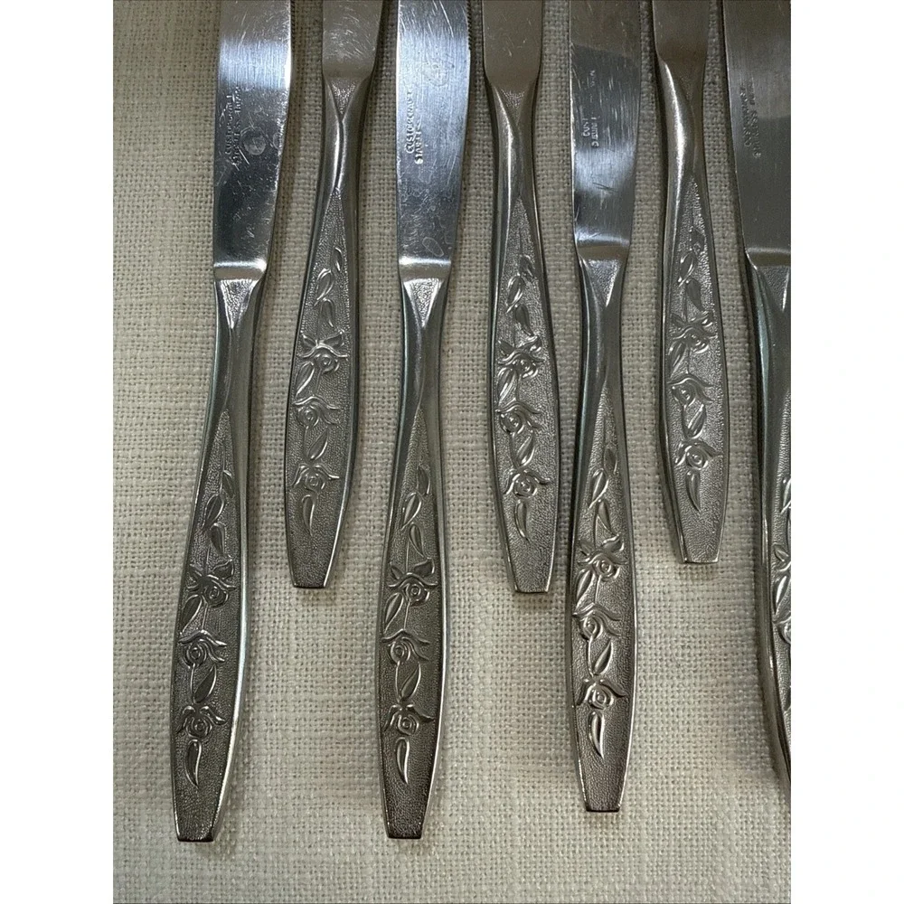 10 Customcraft CUS1 Stainless Textured Floral Rose Dinner Knife‎ Flatware 8 1/8